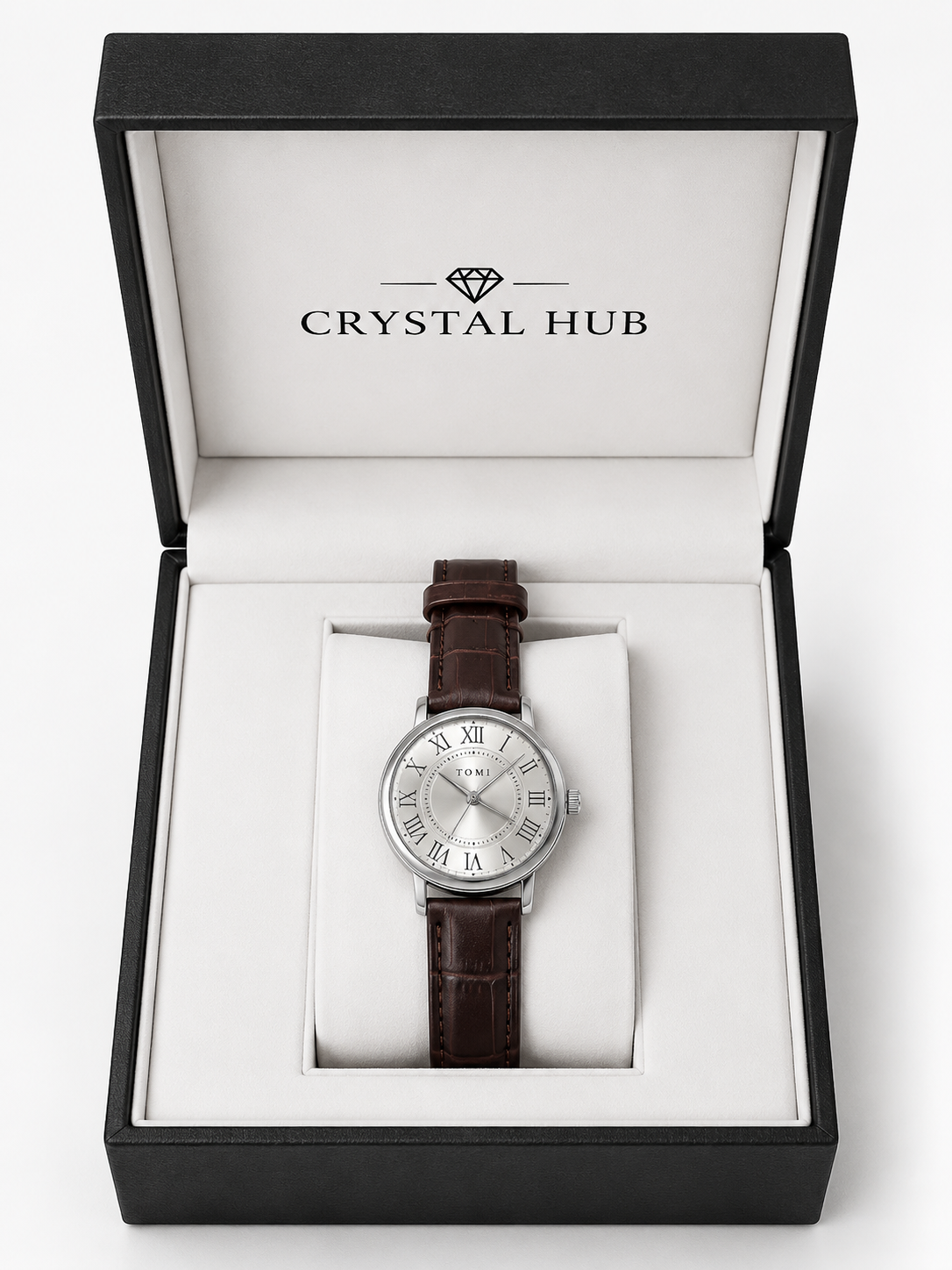 TOMI Analog Roman Numeral Leather Strap Watch
