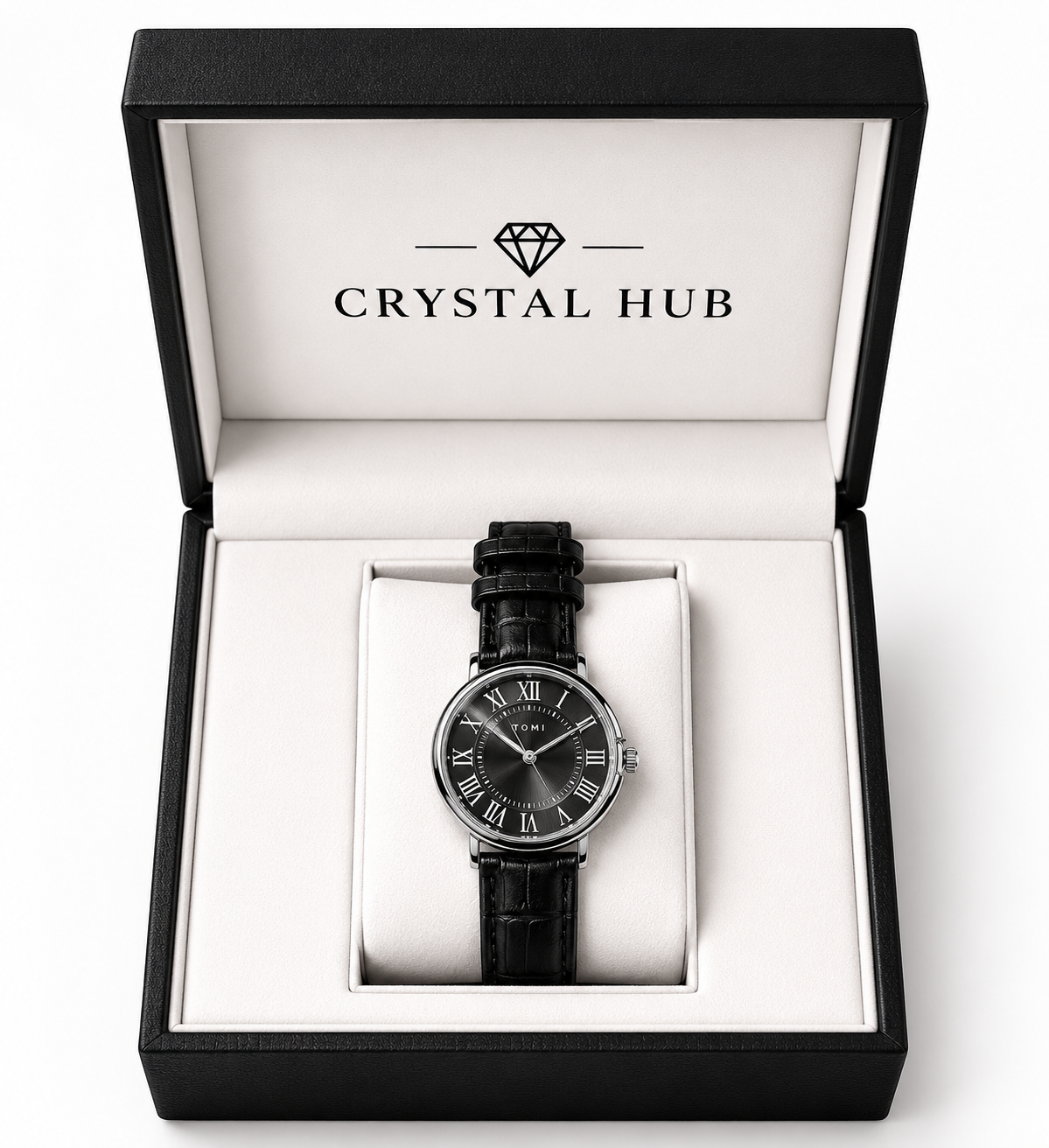 TOMI Analog Roman Numeral Leather Strap Watch